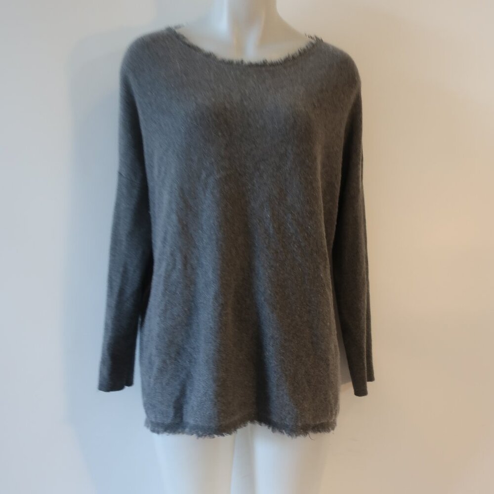Womens Henry Christ Charcoal Gray Cashmere Fringed Hem Pullover Sweater M